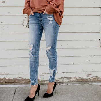 

Sexy Fashion High Waist Hole Casual Jeans Women Pockets Tassel Denim Pencil Pants Female Elastic Trousers