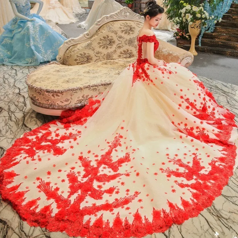 Robe De Mariage Luxury Red Lace White Champange Princess Wedding