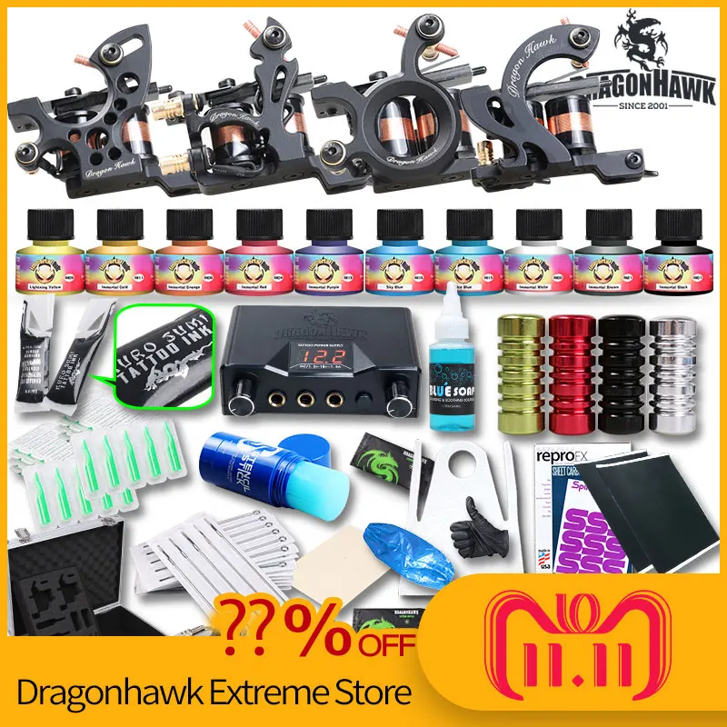 

Complete Tattoo Kit 4pcs Professional Tattoo Machine Liner Shader Coloring Tattoo Gun Immortal Tattoo Ink Set Power Box Grip
