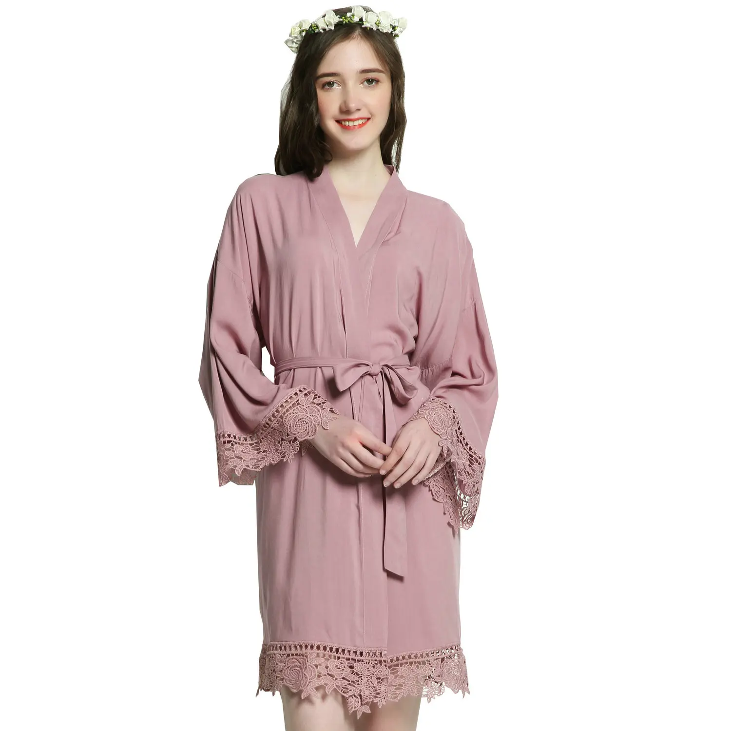 NEW 2019 Solid bride Cotton Kimono Robes With Lace Trim Women Wedding