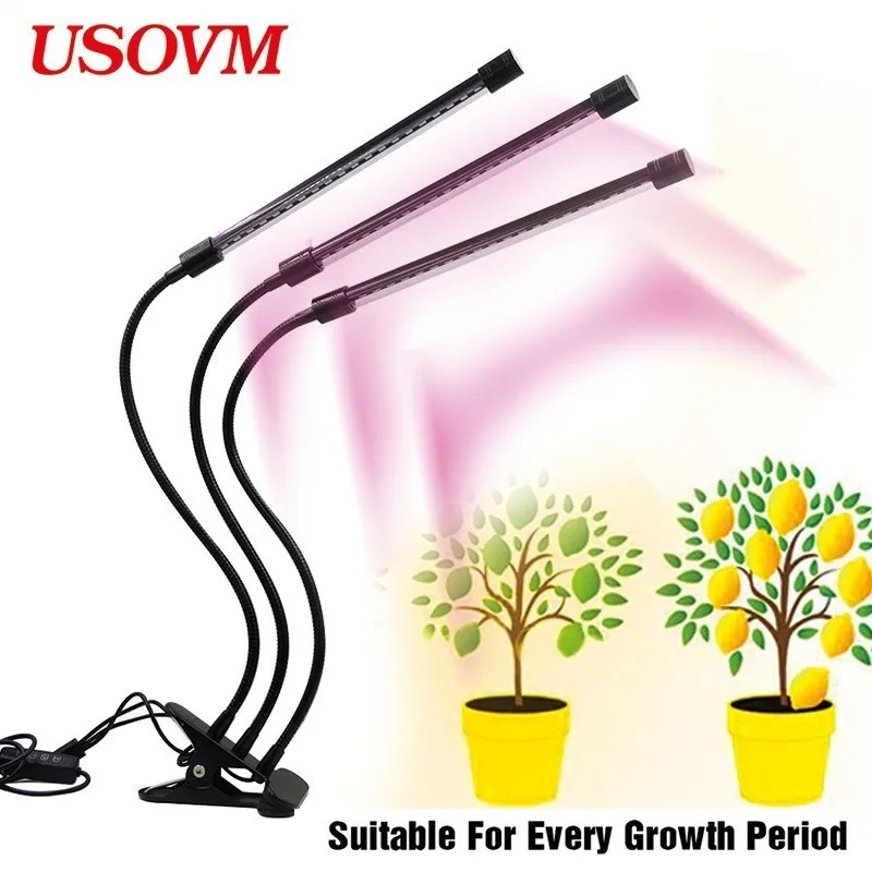 

9W 60 LED Grow Light Three Head Intelligent Adjustable Color Timing Clip Lamp Indoor Culture Plants Growth Lamps USB Interface