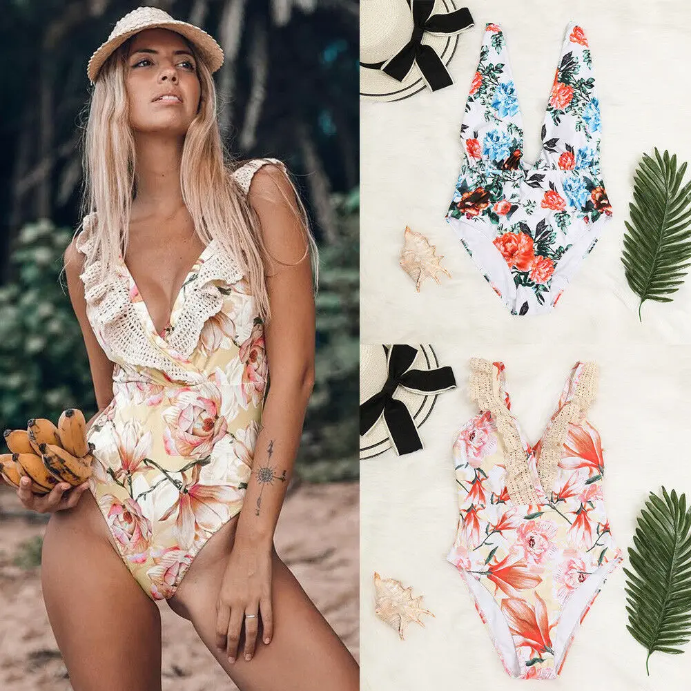 

2019 New Summer Sexy Padded Bra Monokini Women One-Piece Swimsuit Bandage Push-up Floral Printed Swimwear Bathing Suit Beachwear