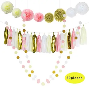 

30 Pcs Paper Poms Flowers Tassel Strings Birthday Party Wedding Decoration Set Euorpean And American Style