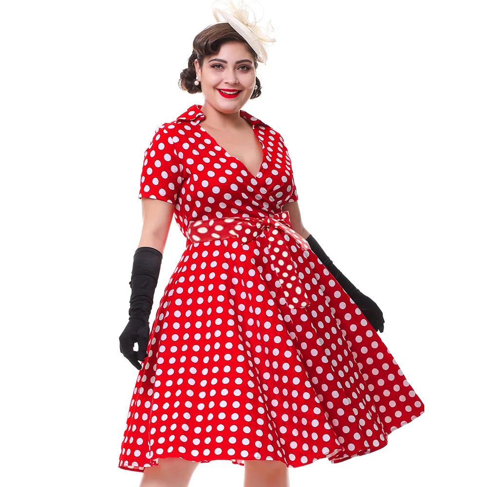 Wipalo Платье с стиле ретро 50-х годов в горошек глубоким декольте и поясом на талии