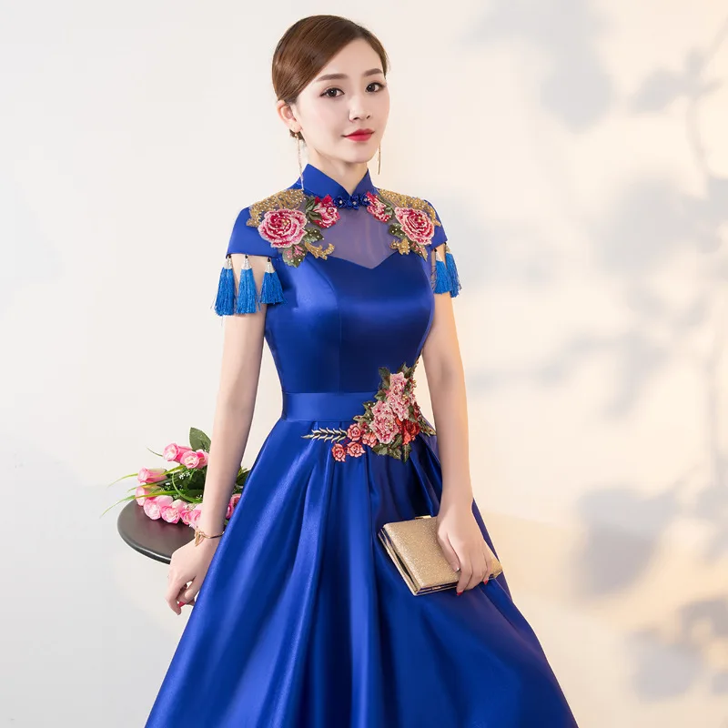 Qipao de noche bordado vestidos Cheongsams chino vestido de boda China Cheongsam princesa azul Baile Oriental ropa - 2