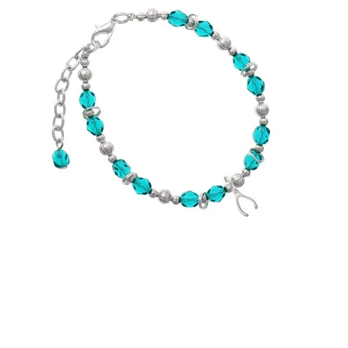 Silvertone Mini Wishbone Teal Beaded Bracelet |