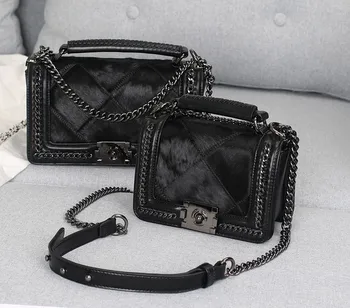 

Fur Bags Women Horsehair Small Flap Diamond Lattice Chain Geniune Leather Bag Shoulder Handbag Vintage Tote Female Charm 2019