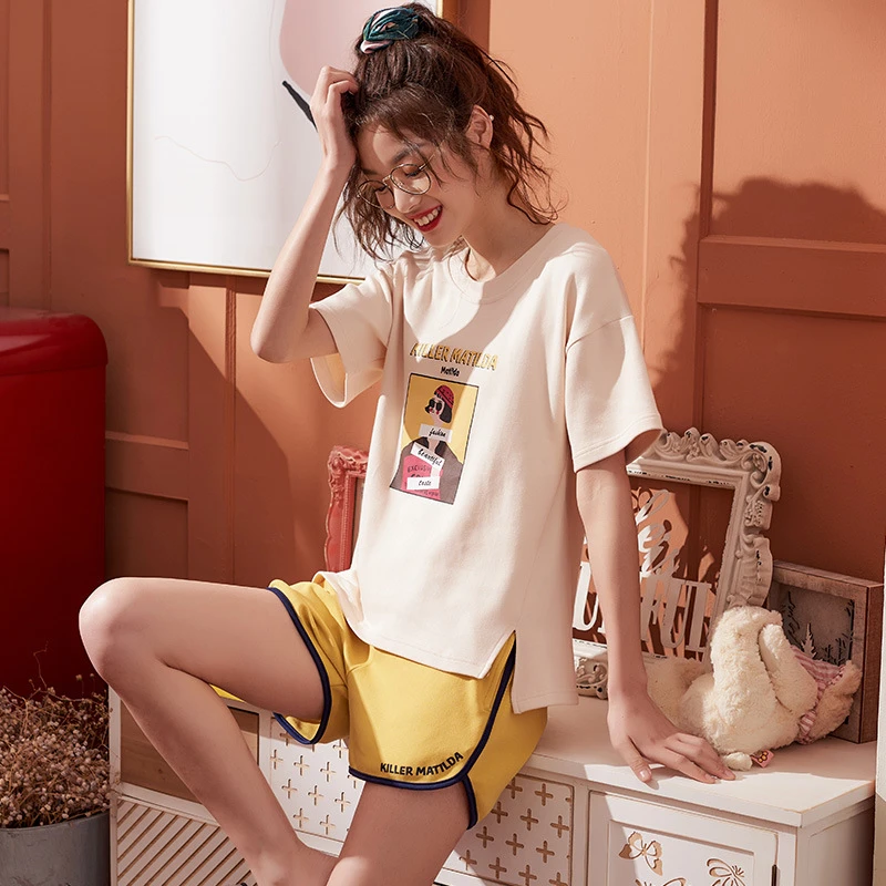 

2019 Pajamas For Women Summer Nightgown Sleepwear Short Sleeve Short Pants Nightwear Cute Soft Pyjamas Print Loose Homewear