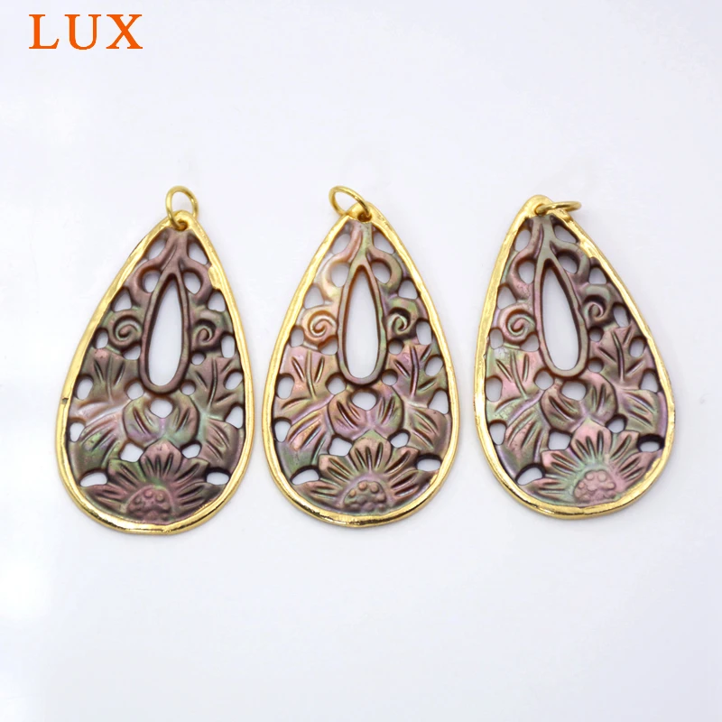 

Hand carved Teardrop shell pendant Gold Plating Natural Rainbow Shell Charm Polish Beach Sea Shells Gem Stone Bead Boho Jewelry