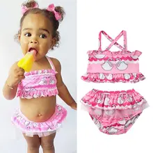 Розовый купальный костюм с принтом лебедя для новорожденных и маленьких девочек; милый купальник-танкини с рюшами; Купальник; комплект бикини; пляжная одежда для купания