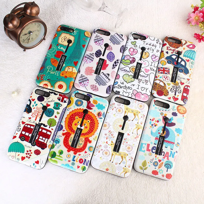 

KKREFF For iPhone 8 Plus Case Embossed Cute Pattern With Silicone Finger Ring For iPhone 6 6s 7 8 Plus X XS TPU+PC Case