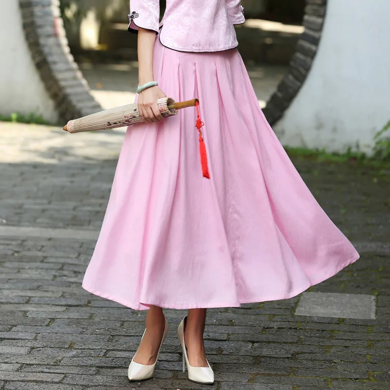 

Befree Wind Maxi Skirt Spring Summer Autumn High Waist Cotton Pink White Skirt Woman Solid Color School Style Pleated Skirt Long