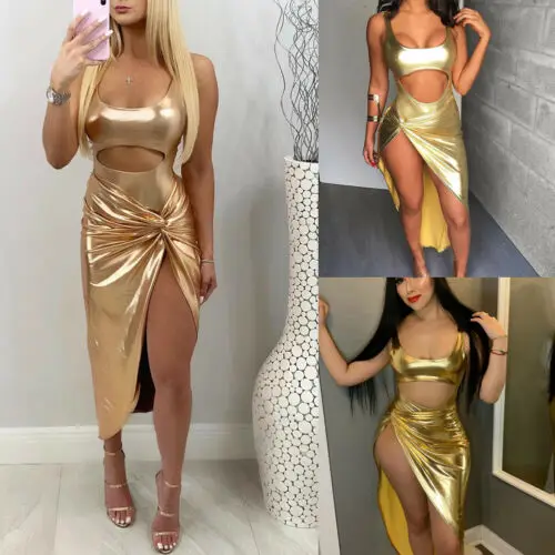 

2019 New Women Sexy Golden long dress Bandage Bodycon Sleeveless Club Evening Party Dress TOP