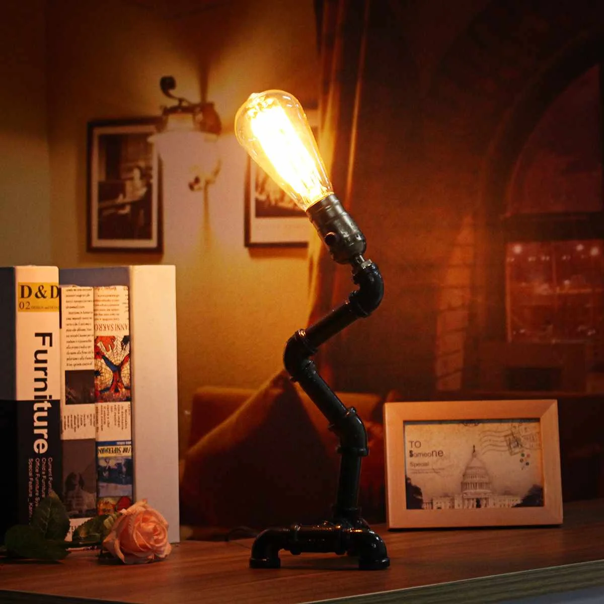 

Iron Pipe Lamp Light Retro Industrial Style Edison Light Bulb E27 Not Included LED Table Desk Lamps for Bedroom