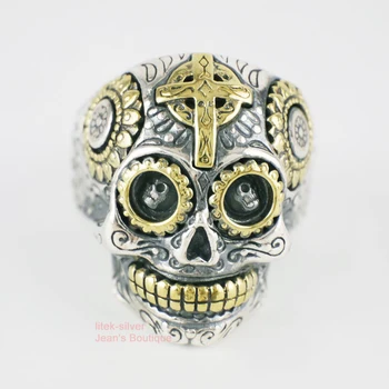 

SUGAR SKULL CROSS on FOREHEAD 925 STERLING SILVER BIKER ROCKER RING A3629