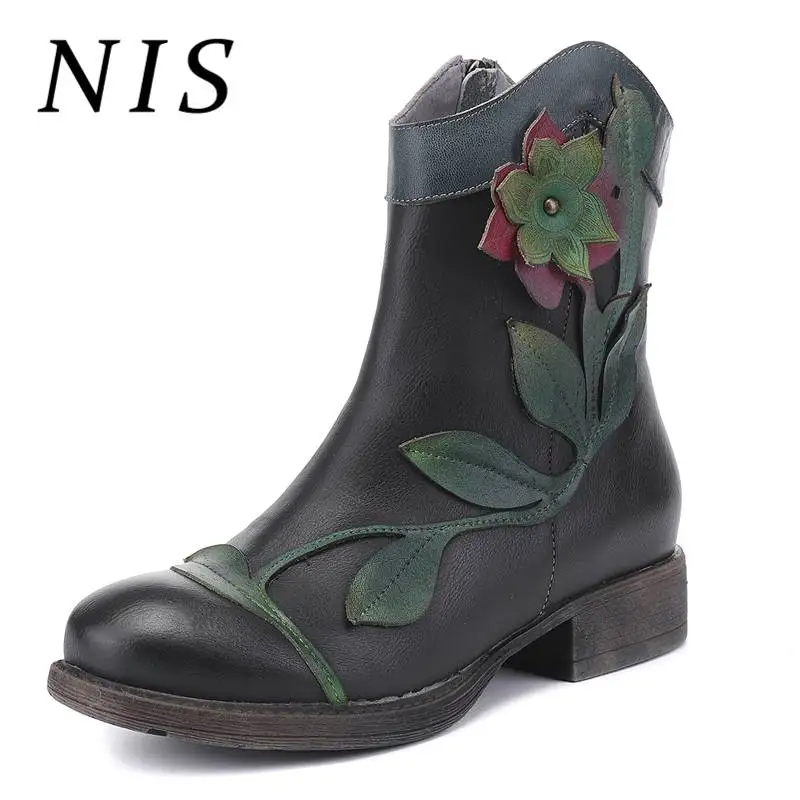 

NIS Retro Genuine Leather Flower Ankle Boots For Women Shoes Woman Knight Cowboy Winter Women Boots Casual Zipper Booties Botas