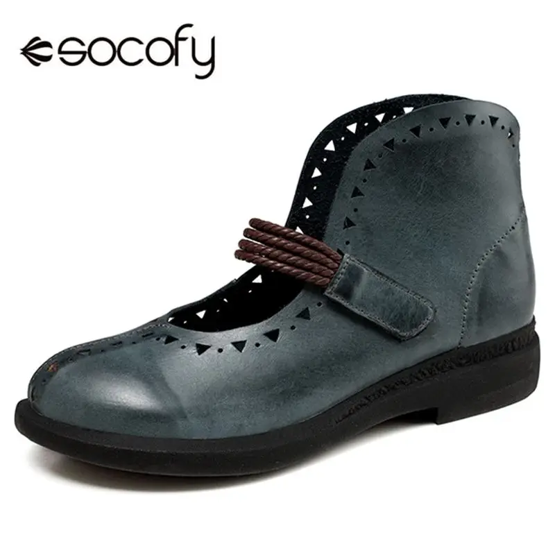 

Socofy Hollow Out Retro Flats Shoes Women Hook&Loop Genuine Leather Flat Shoes Woman Spring Casual Vintage Flats Mujer Zapatos