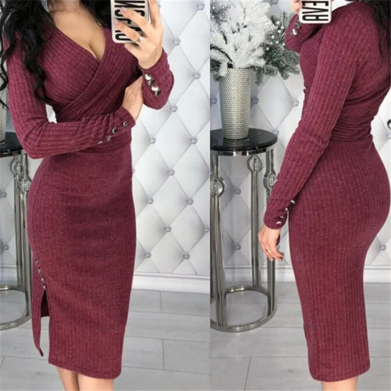 

Trendy Sexy Women dress V-Neck Slim Bodycon long sleeve solid irregular Casual Polyester Dresses one pieces