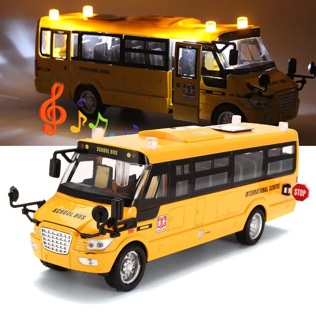 

Yellow Sound Light Metal School Bus Model Toy Vehicles Pull Back Open Doors Simulation Car Toys Kids Children Christmas Gifts