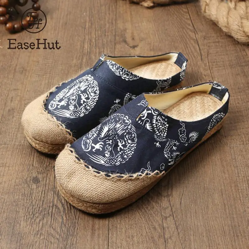 

EaseHut Ethnic Vintage Women Slippers Old Beijing Cotton Linen Canvas Clothes Ladies Shoes Boho Handmade Woven Toe Flat Shoes