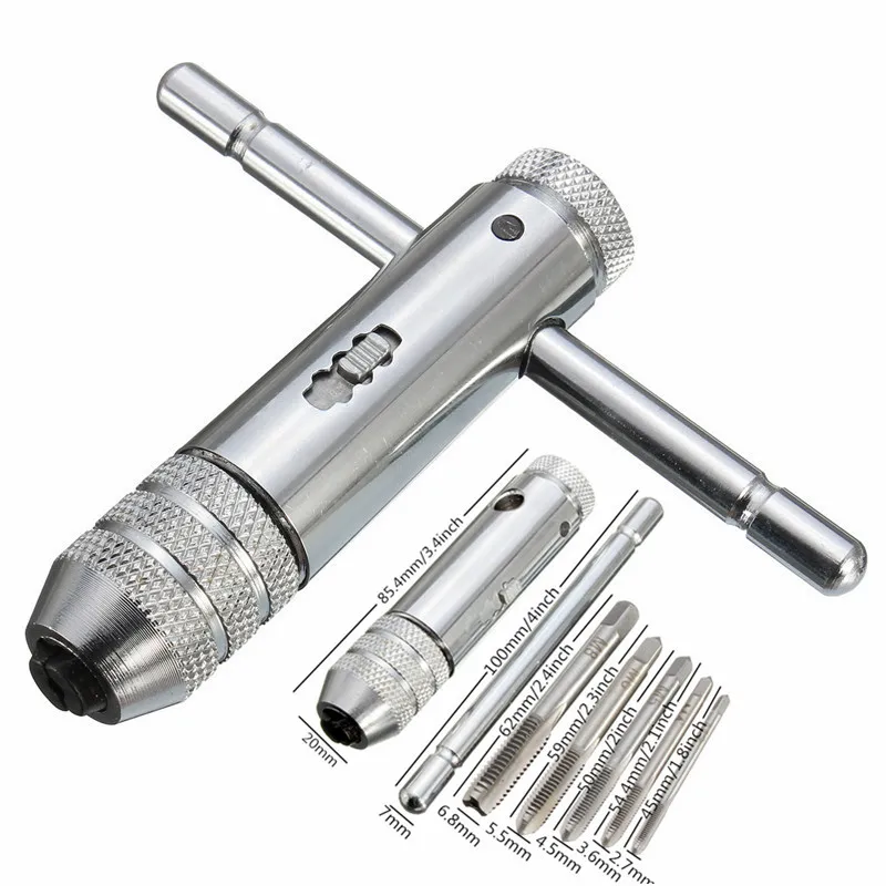 

5+1 Adjustable M3-M8 T-Handle Ratchet Taps Wrench Machinist Tool With Screw Thread Plug Tap Tools Set Stainless Steel Tap Wrench