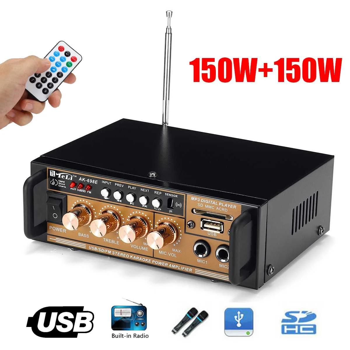 300W 12V/ 220V Mini HIFI Car Audio Amplificador Stereo Power Home Theater Audio Amplifier FM Radio USB/TF/SD 2CH LCD Display