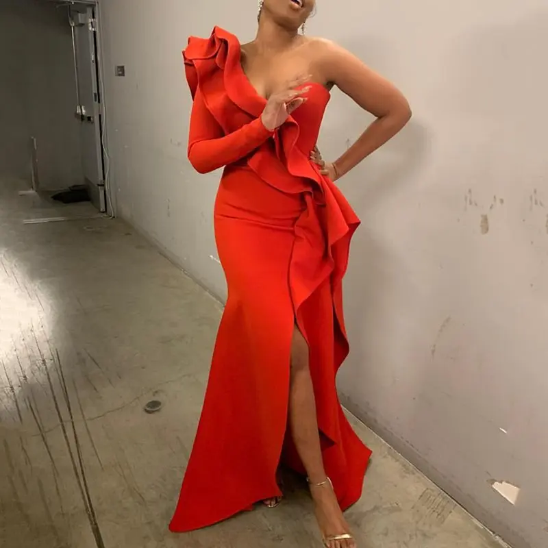 

African Style Elegant Party Sexy Vintage Women Long Dresses Big Size One Shoulder Strapless Split Ruffles Female Maxi Red Dress