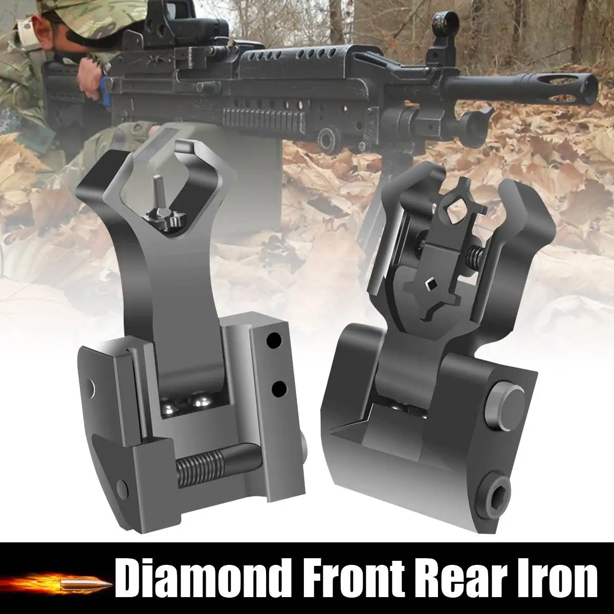 

Premium Tactical Picatinny Rail Rails Diamond Aperture Flip Up Front Rear Iron Sights Set Black for Hunting
