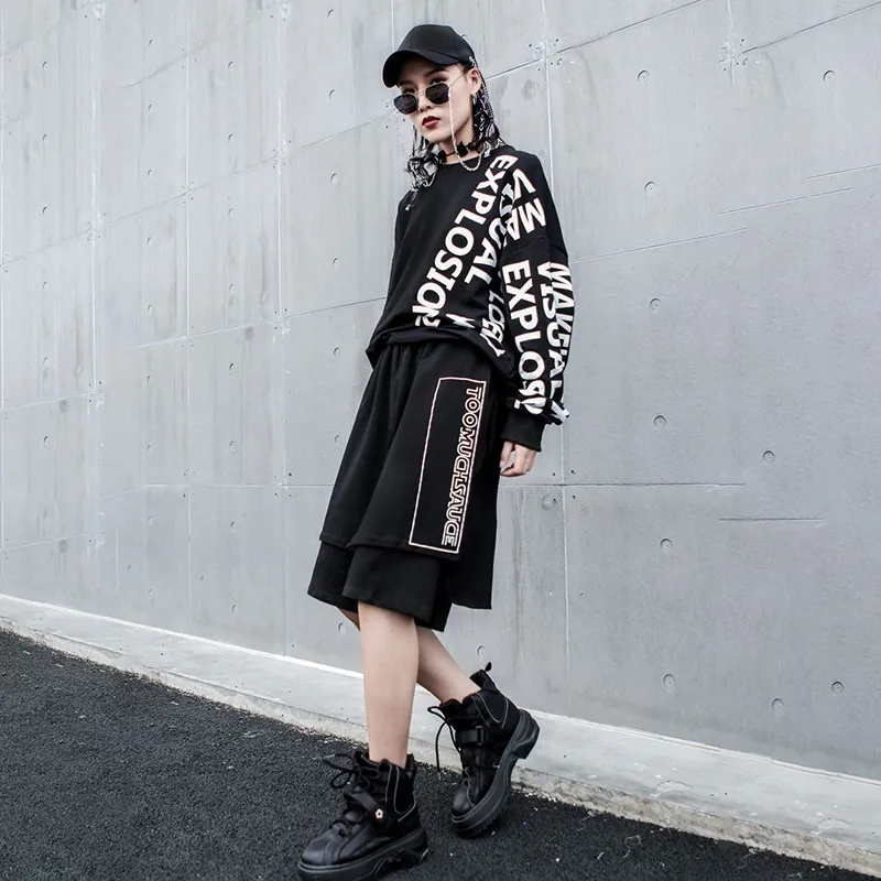 Pierna Carta Ancha Primavera Cintura Estampado Rodilla De Negro Elástica Nueva Sispell Asimétrica Mujer Longitud Marea Pantalones 2019 Moda Black Sueltos Ox8w7w