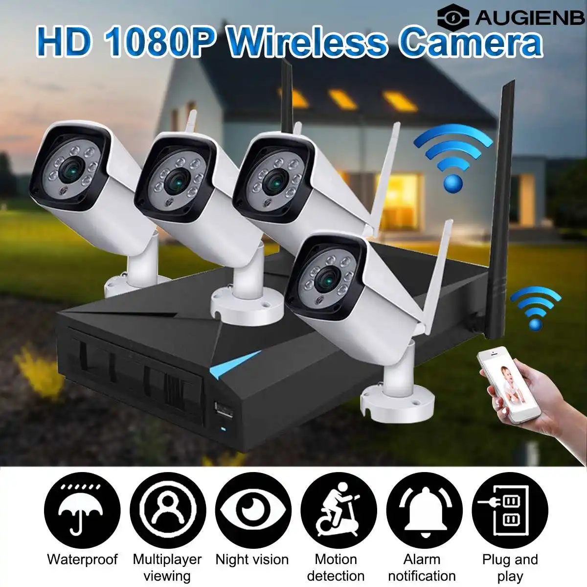 

1080P Wireless Security Camera System, 4CH NVR WiFi IP Cameras, CCTV Video Surveillance System Kit Plug & Play, Motion Detection