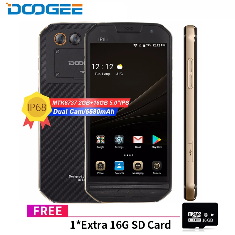 

4G Cellphone S30 IP68 Waterproof 5580mAh Side fingerprint Dual camera 5V/2A 5.0&quotHD Android 7.0 2GB RAM 16GB ROM Smartphone