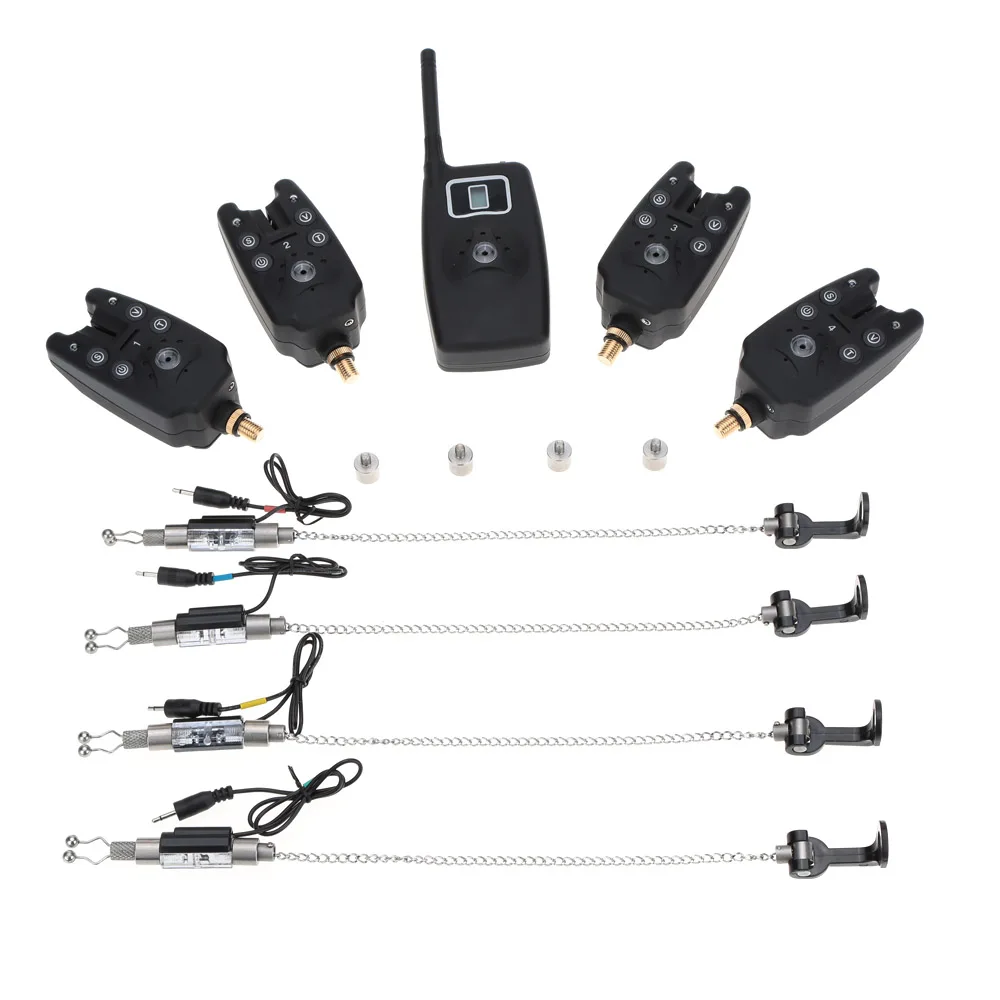 

Lixada 4 Fishing Bite Alarm 1 Receiver with LCD Screen Indicator 4 Chain Hanger Wireless Digital Fishing LED Alarm Alert Set