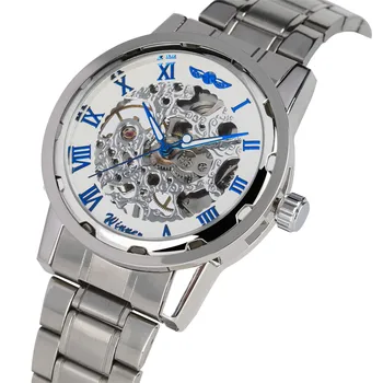 

Business Silver Men's Watch Hand Winding Mechanical Stainless Steel Bangle Men Wrist Watches Transparent Skeleton Clock Male