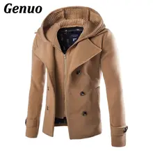 Genuo шерстяное пальто для мужчин модный лоскутный свитер смесь шерсти двубортное бушлат куртка мужская зимняя с капюшоном пальто ветровка