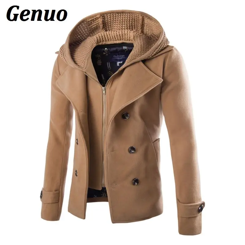 Genuo Wool Coat Men Fashion Patchwork Sweater Wool Blend Double Breasted Pea Coat Jacket Men Winter Hooded Overcoats Windbreaker Genuo Wool Coat Men Fashion Patchwork Sweater Wool Blend Double Breasted Pea Coat Jacket Men Winter Hooded Overcoats Windbreaker