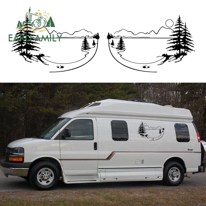 

EARLFAMILY 2x Sunset Scenery Tree Mountain Lake Sun One for Each Side Camper Van Motor Vinyl Graphics Kit Decals Car Stickers
