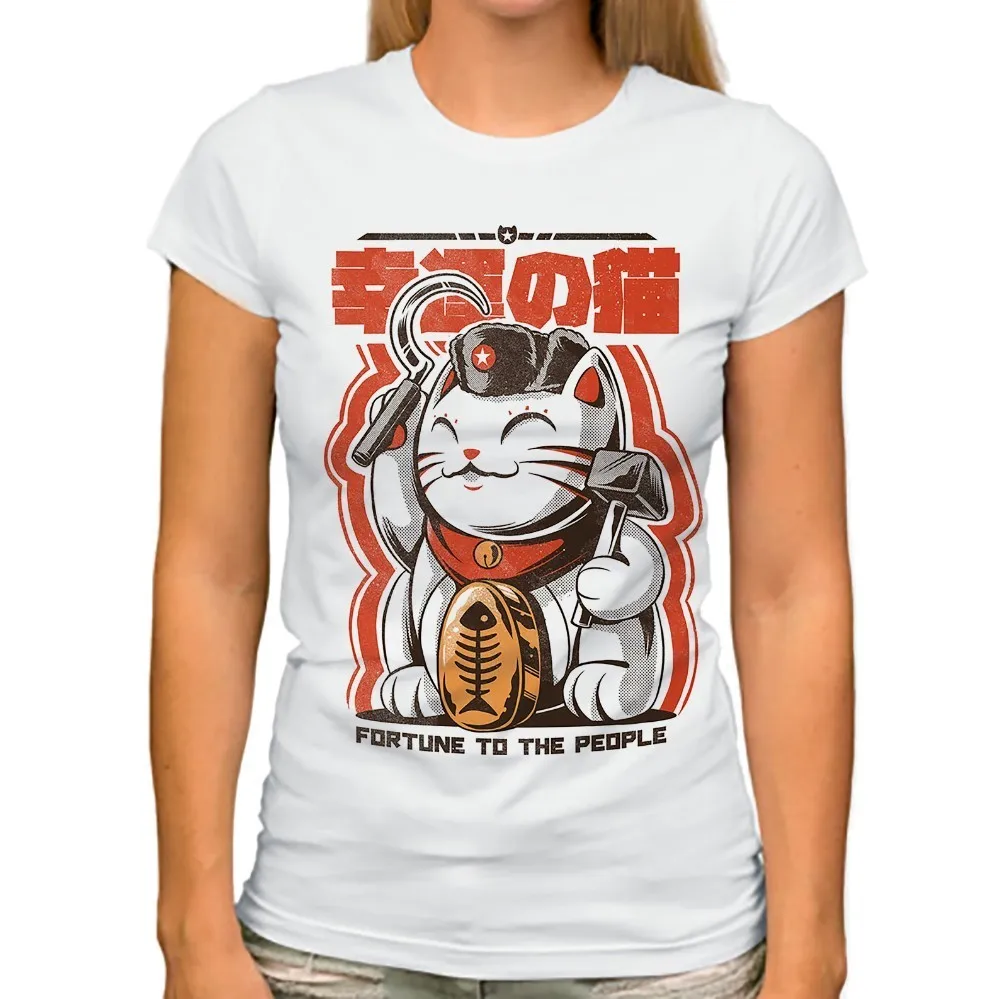 

Japan anime communist fortune cute cat funny t shirt women new white casual short sleeve femme kawaii tshirt