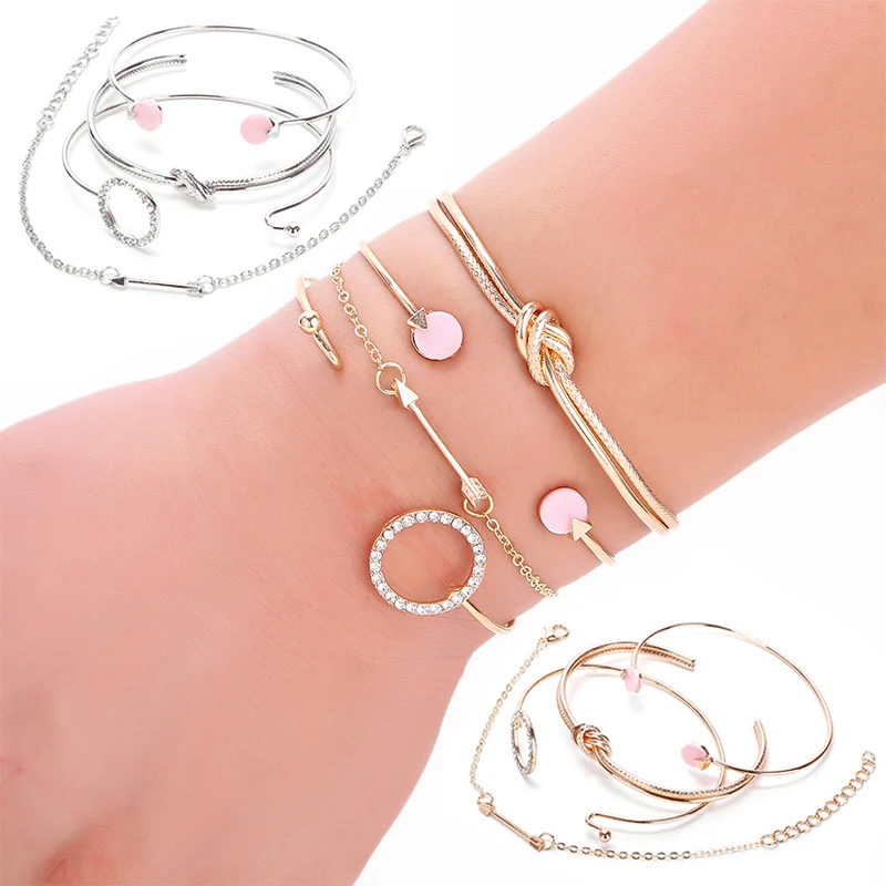 

2019 new 4PCS/Set Bracelet Set Open Multilayer Arrow Golden Crystal Silver Adjustable Knot Christmas Gifts Round Classic Couple