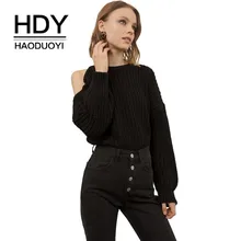 HDY Haoduoyi Simplicity Pure Black Color Exposed Shoulder O-neck Lantern Long Sleeves Easy Sweater New Arrival HDY Haoduoyi Simplicity Pure Black Color Exposed Shoulder O-neck Lantern Long Sleeves Easy Sweater New Arrival