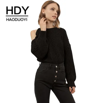 

HDY Haoduoyi Simplicity Pure Black Color Exposed Shoulder O-neck Lantern Long Sleeves Easy Sweater New Arrival