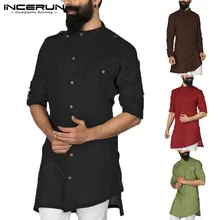 INCERUN мужские рубашки с длинным рукавом хлопок Кнопка Стенд воротник Винтаж Мужской костюм топы исламские арабские рубашки мужская мусульманская одежда