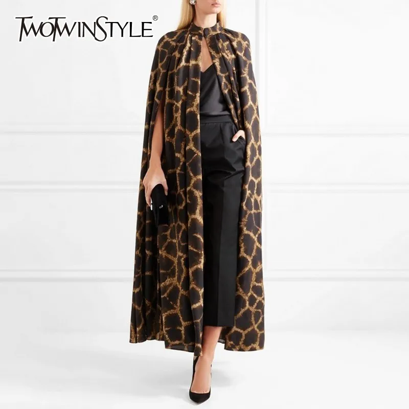 

TWOTWINSTYLE Female Cardigan Coat O Neck Cloak Sleeve Print Leopard Maxi Cloaks For Women 2019 Autumn Vintage Fashion Tide