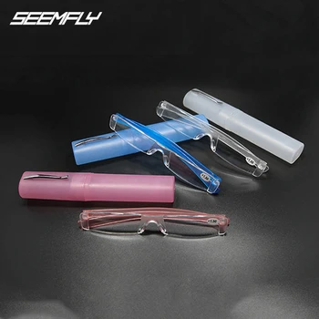 

Seemfly Comfy Rimless Reading Glasses Resin Clear Lens Women Men Portable Pen Tube Presbyopia Eyeglasses+1.0 To +4.0 With Case