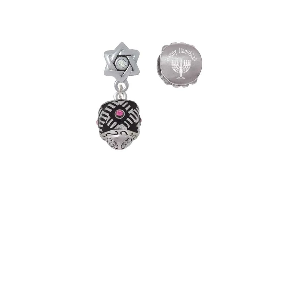Silvertone Diagonal Banded Barrel with Hot Pink Crystals Spinner Happy Hanukkah Charm Beads (Set of 2) |