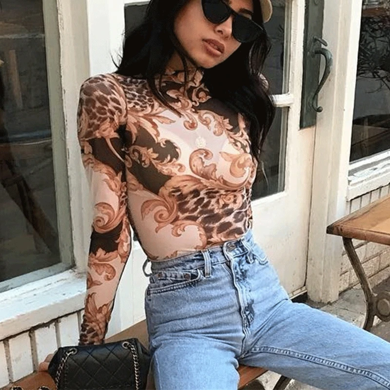 2019 г. пикантные женские одежда с длинным рукавом прозрачной сеткой Sheer Crop Блузка