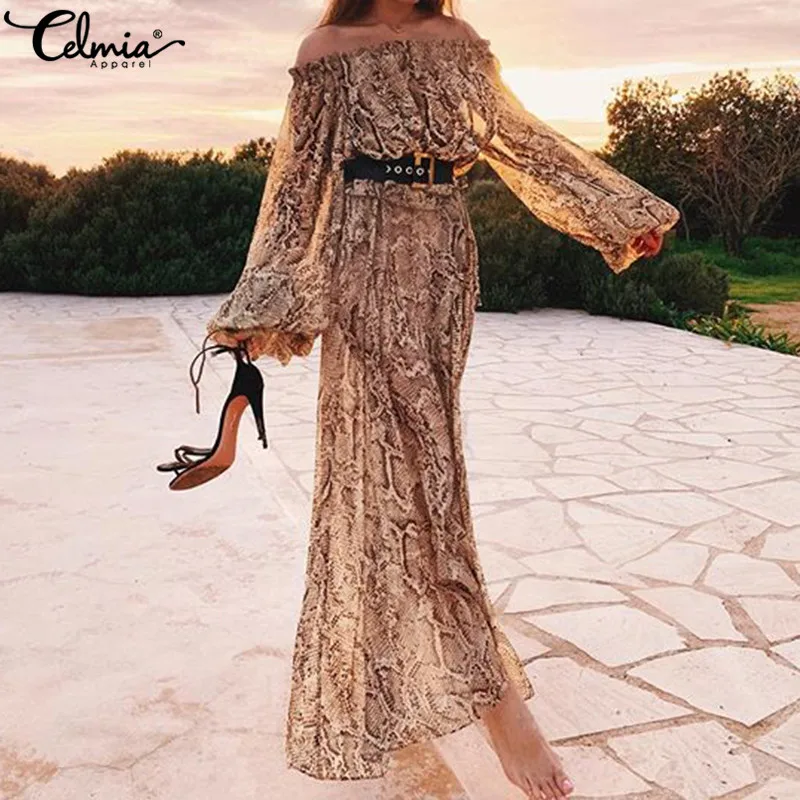 

Plus Size Sundress Celmia Women Sexy Off Shoulder Long Sleeve Retro Printed Maxi Dress Casual Long Party Vestidos Plus Size