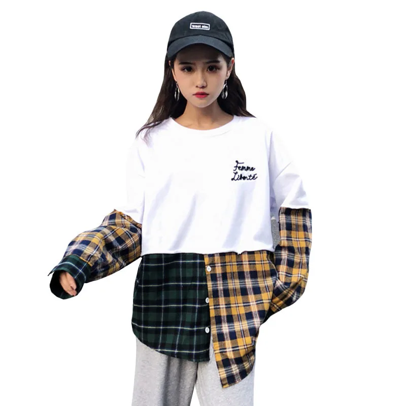 

#5035 Spring 2019 Harajuku Fake Two Piece Sweatshirt For Women Irregular Spliced Plaid Embroidery Streetwear Long Sweatshirt