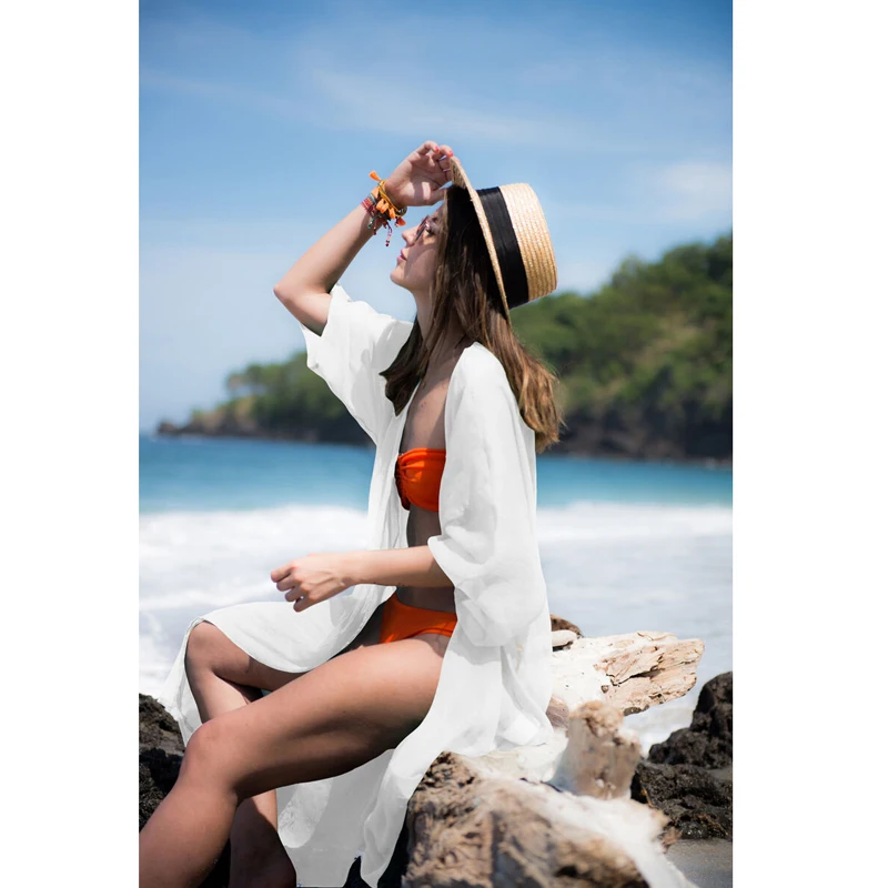 

Summer Women Chiffon Kimono Blouse Shirts Beach Cardigan Cover Up Solid White Black Green Loose Wrap Beachwear Long Blouses
