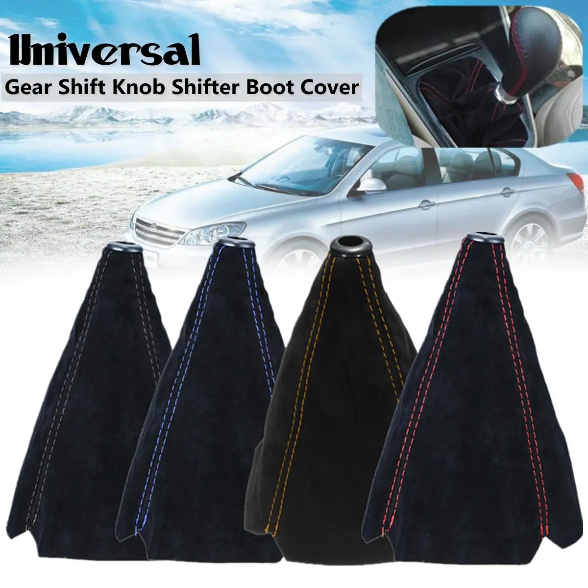 Universal Auto Manual Gear Shift Knob Boot Dust Cover,PU Leather Gear Shifter Boot Gear Gaiter Cover Black Bright Red Stitch