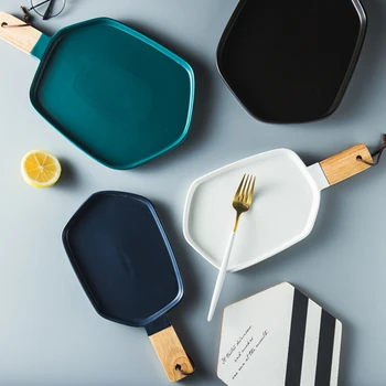 

Ceramic Plates With Wooden Handle Irregular Pigmented Porcelain Dish Creative Dinner Plate